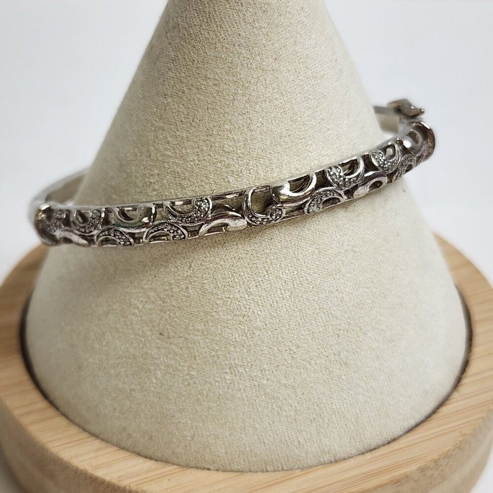 JWBR Sterling Silver 925 Hinged Bangle Bracelet Filigree Scrolls Safety Latch